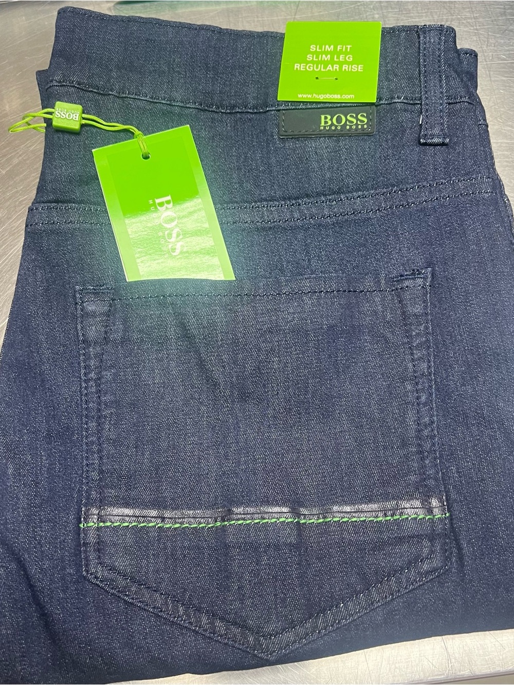 BOSS Dark Blue Slim Fit Jeans with Green Accent Tags